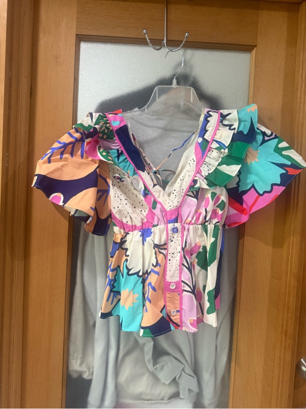 Ciebon  Ruffle-Trim Sleeve Off White Multicolor Top Shirt - Size Small